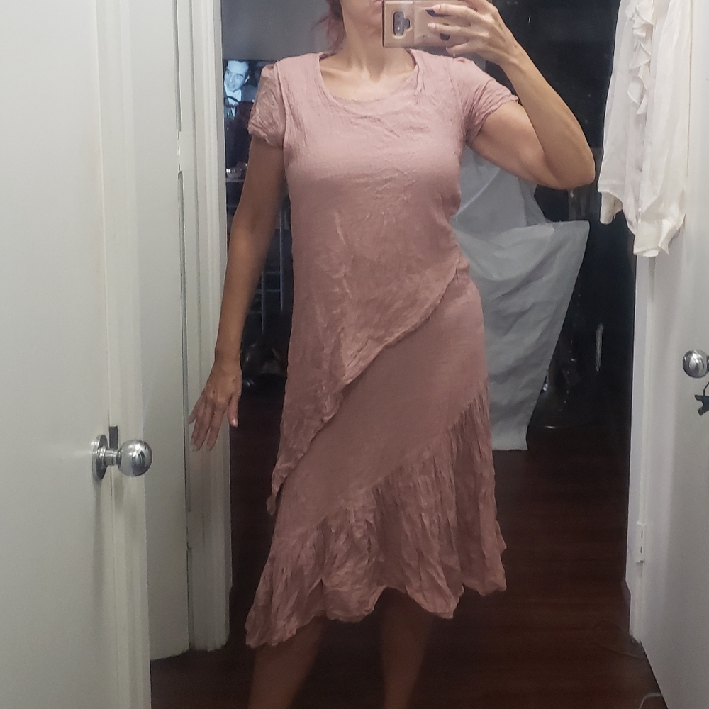 machiko dress mauve crinkle cotton gauze tiered lagenlook Asymmetric dress M NWT